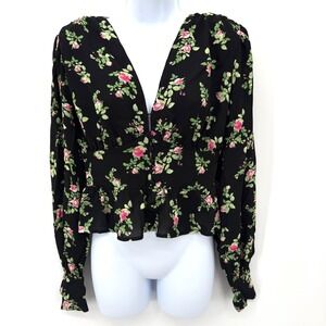AFRM Floral Blouse Size M Coquette Dark Romantic Bishop Sleeve Shoulder Pads